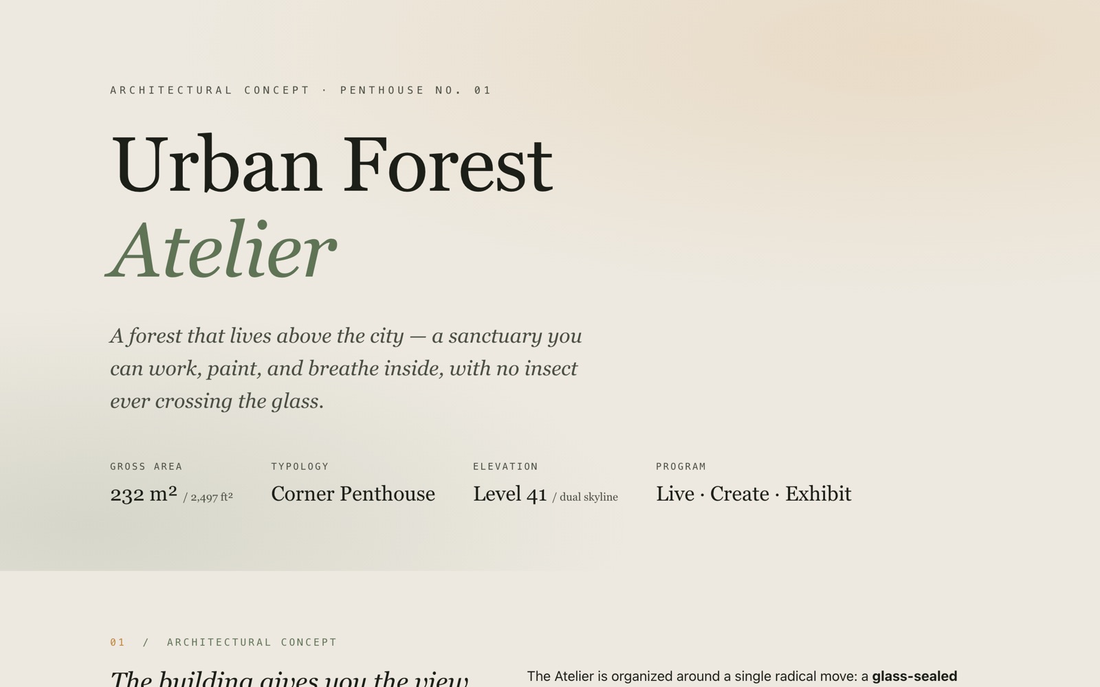 Urban Forest Atelier 概念提案頁：米色紙感排版與建築規格